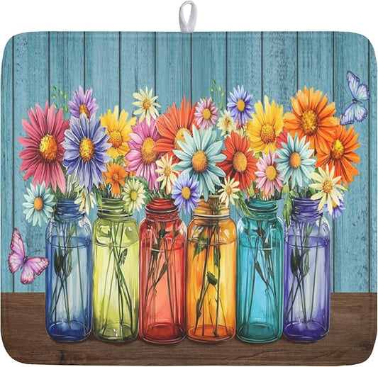 Vintage Floral Dish Drying Mat for Kitchen Counter Rustic Flower Vases Wooden Board Microfiber Dish Drainer Mat Spring Summer Absorbent Washable Drying Pad 16"x18"