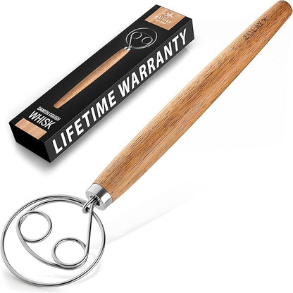 Zulay Kitchen Double-Eye 13" Danish Dough Whisk - Durable Easy Mixing Bread Whisk, Stainless Steel Danish Dough Hook, Sourdough Whisk For Mixing, Traditional Dutch Whisk, Dough Mixer Tool - Acacia by ZulayKitchen