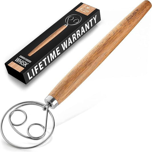 Zulay Kitchen Double-Eye 13" Danish Dough Whisk - Durable Easy Mixing Bread Whisk, Stainless Steel Danish Dough Hook, Sourdough Whisk For Mixing, Traditional Dutch Whisk, Dough Mixer Tool - Acacia by ZulayKitchen