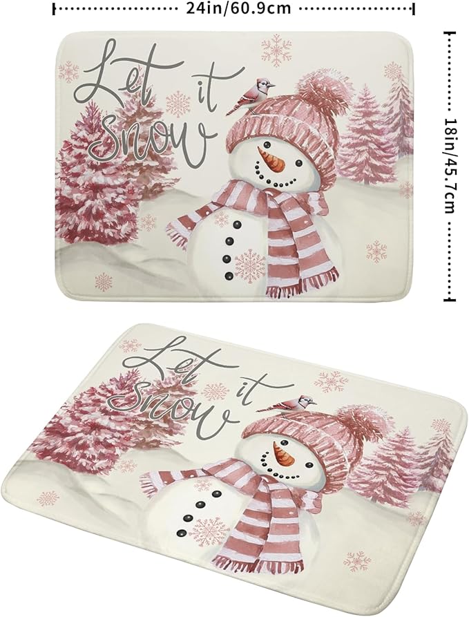 Giwawa Pink Snowman Dish Drying Mat Xmas Trees Bird Winter Snowy Scene Dish Drainer Mats 18"x24" Microfiber Reversible Dish Drying Rack Pad Protector for Kitchen Countertop Decor