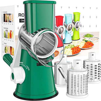 Cambom Rotary Cheese Grater Hand Crank Cheese Shredder for Fresh Cheese, Vegetable, Nuts,Non-slip Suction Base, Free Cleaning Brush Three Blades, Deep Green by Cambom