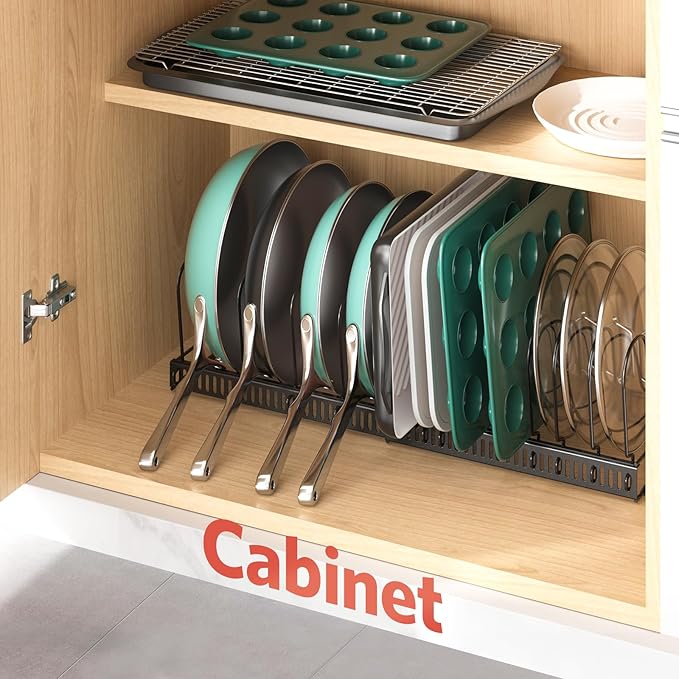ORDORA Pots and Pans Organizer Under Cabinet, Expandable 11.8"-22.8" Pot Lid Holder with 14 Adjustable Dividers, Pan Organizers inside Cabinet for Kitchen Cookware Bakeware, Black - Image 8