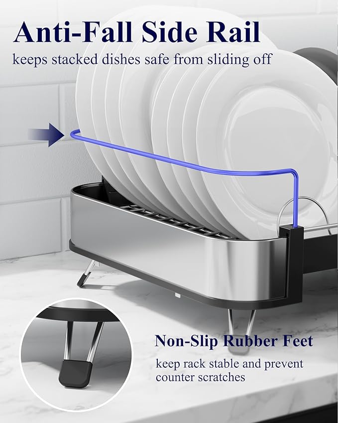 Kitsure Dish Drying Rack - Expandable Stainless Steel Dish Racks for Kitchen Counter, Auto-Drain Drying Rack for Kitchen with Cutlery Holder & Non-Slip Feet, 16.1-26.6" L x 12.6" W, Black - Image 4