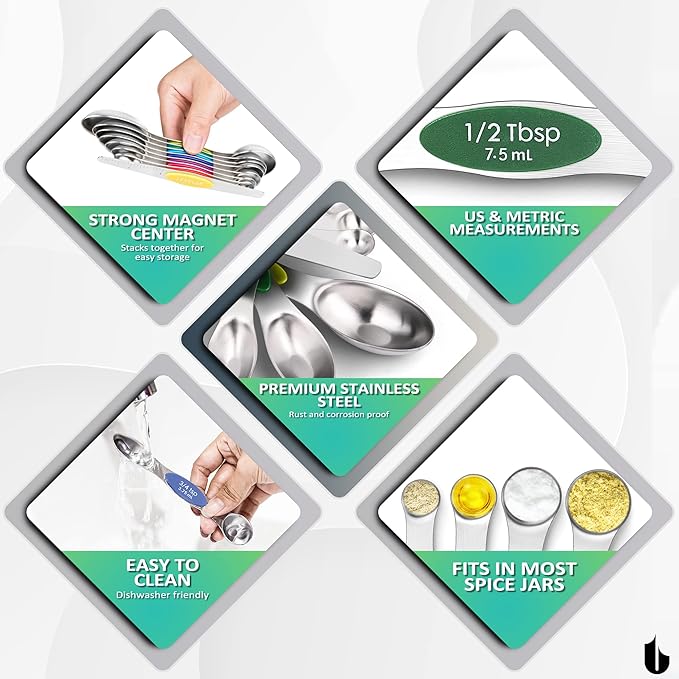 Urbanstrive Magnetic Measuring Spoons Set Stainless Steel, Dual Sided for Liquid Dry Food, Measuring Cups Spoons Set Fits in Spice Jar, Kitchen Gadgets, Cooking Utensils Set, Including Leveler, 8Color - Image 7