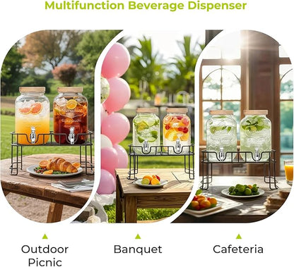 DHSBTLS 1 Gallon Glass Drink Dispensers, 2 Pack Clear Beverage Dispenser with Wood Lid for Party, BBQ and Picnic, Juice Dispenser with Black Stand, Spigot, Markers and Chalkboard