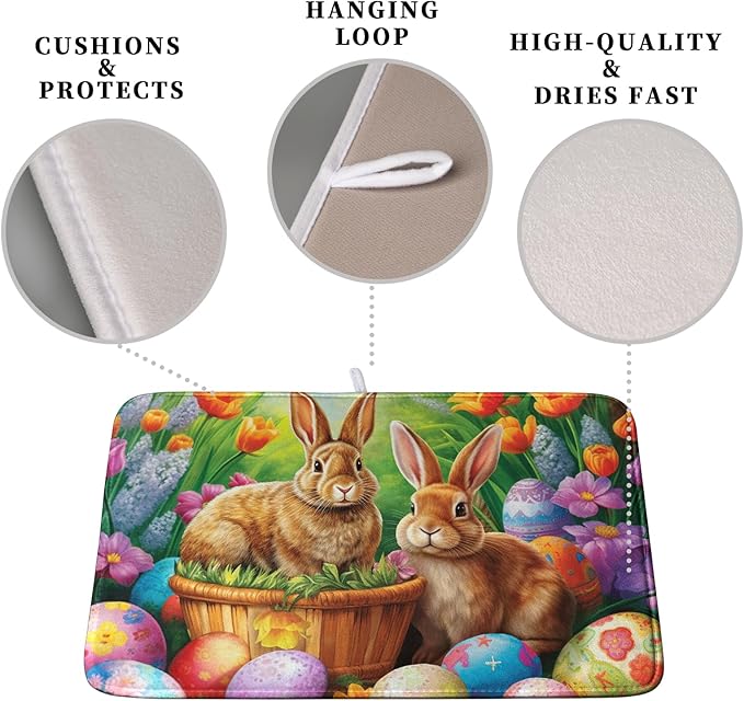 Easter Bunny Eggs Dish Drying Mat for Kitchen Counter, Tulip Floral Flower Drying Mat Spring Summer Holiday Dish Mat Drying Kitchen Mat Absorbent Kitchen Drying Mat for Sink 18x24Inch - Image 3