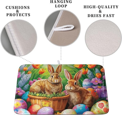 Easter Bunny Eggs Dish Drying Mat for Kitchen Counter, Tulip Floral Flower Drying Mat Spring Summer Holiday Dish Mat Drying Kitchen Mat Absorbent Kitchen Drying Mat for Sink 16x18Inch - Image 3