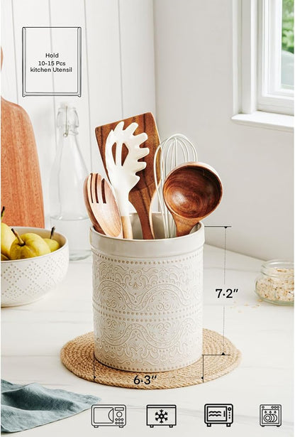 Kitchen Utensil Holder, 7 Inches Large Ceramic Utensil Holder for Countertop, Lace Emboss Cooking Utensil Crocks for Kitchen, Home Decor, Off-White - Image 4