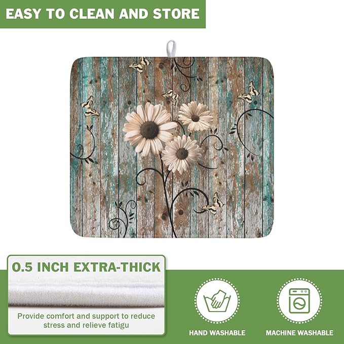 Dish Drying Mat for Kitchen Counter 16 x 18 Inch Rustic Vintage Daisy Floral Dish Drainer Mat Absorbent Microfiber Farmhouse Flowers Wooden Board Dish Rack Pad for Coffee Dining Bar Decor