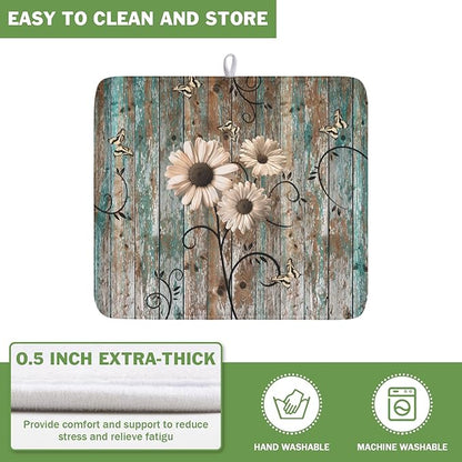 Dish Drying Mat for Kitchen Counter 16 x 18 Inch Rustic Vintage Daisy Floral Dish Drainer Mat Absorbent Microfiber Farmhouse Flowers Wooden Board Dish Rack Pad for Coffee Dining Bar Decor
