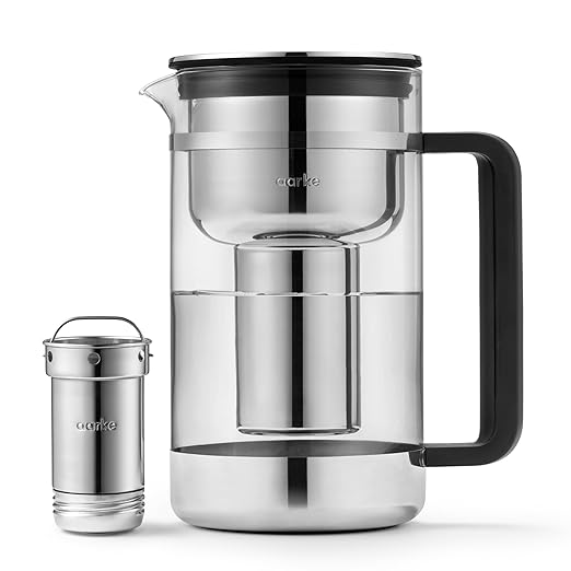 Aarke Purifier - Premium Glass and Stainless Steel Water Filter Pitcher, Refillable Filter System and Granules, 2.8L Pitcher with 1.66L Filtration Capacity by aarke