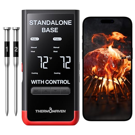 ThermoMaven Smart Bluetooth Wireless Meat Thermometer: Standalone Base, WiFi Unlimited Range, 6 Sensors with NIST Certified Accuracy, 2 Probes for Kitchen, BBQ, Grill, Oven, Smoker, Rotisserie by ThermoMaven