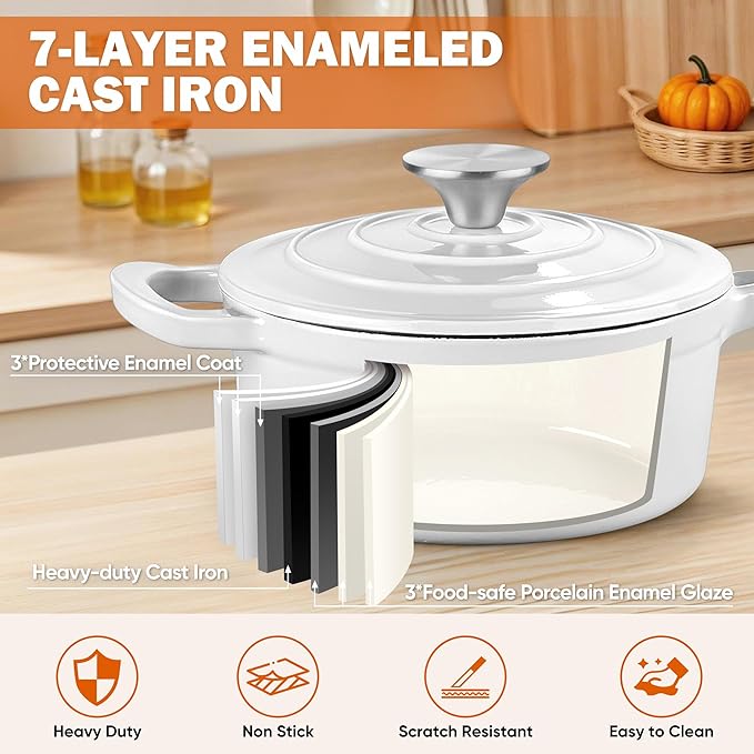 Homikit 3 Quart Saucepan with Lid, Enameled Cast Iron Saucepan for All Cooktops, Heavy Duty Cast Iron Pot for Kitchen Cooking, Boiling, Nonstick & Heat Resistant Up to 500°F, White