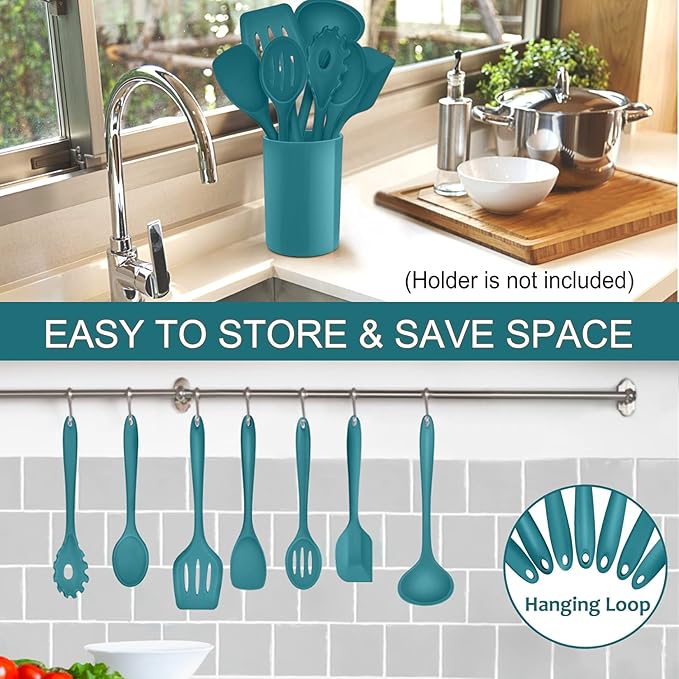 P&P CHEF Silicone Cooking Utensils Set of 7, Heat-proof Kitchen Utensils Set for Nonstick Cookware, Non-stick Spatula, Slotted Turner, Soup Ladle, Pasta Server, Spoon for Cooking Serving - Blue - Image 6