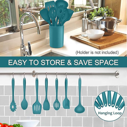 P&P CHEF Silicone Cooking Utensils Set of 7, Heat-proof Kitchen Utensils Set for Nonstick Cookware, Non-stick Spatula, Slotted Turner, Soup Ladle, Pasta Server, Spoon for Cooking Serving - Blue - Image 6
