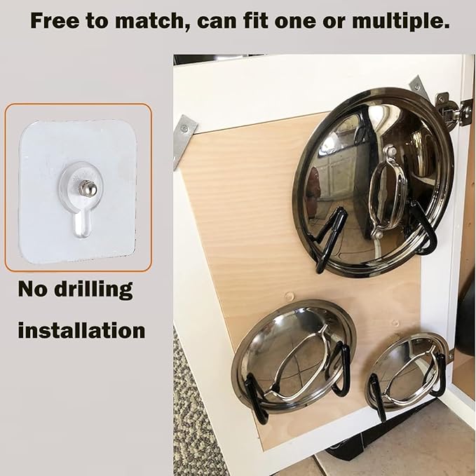 2 Pack Pot Lid Organizer Rack, Black Pot Lids Holder for Cabinet Door/Wall, No Drilling Adhesive Wall/Door Mounted Rustproof Pot and Pan Cover for Kitchen Storage, Pot lid no falls off. - Image 3
