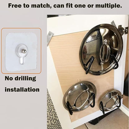 2 Pack Pot Lid Organizer Rack, Black Pot Lids Holder for Cabinet Door/Wall, No Drilling Adhesive Wall/Door Mounted Rustproof Pot and Pan Cover for Kitchen Storage, Pot lid no falls off. - Image 3