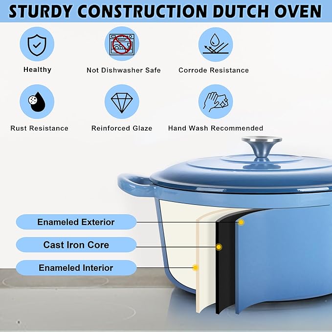 TeamFar 3qt Dutch Oven, Small Enameled Cast Iron Dutch Oven Pot with Lid, For Bread Baking/Stewing/Braising/Frying, Various Stoves & Oven Safe, Non-stick & Easy Clean, Blue - Image 4