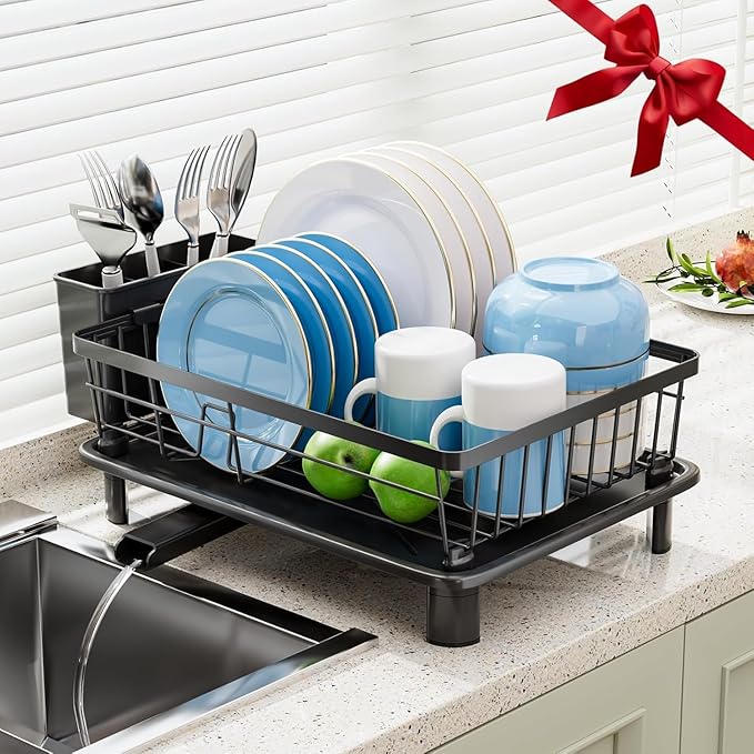 GAOKASE Dish Drying Rack, Stainless Steel-Dish Rack, Dish Racks for Kitchen Counter, Kitchen Dish Drainers with Removable Utensil Holder,New Drain Outlet,Plate Rack and Drainboard,Black by GAOKASE