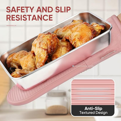YUTAT Silicone Oven Mitts,High Heat Resistant Up to 500 Degrees,Waterproof Cooking Gloves with Soft Polyester Filling,Kitchen Potholder Set - Perfect for BBQ,Baking and Cooking,Pink,2 Pcs Set - Image 3