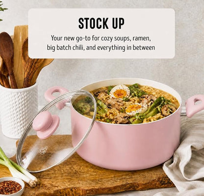 GreenLife 5 Quart Nonstick Stock Pot with Lid, Non-Toxic Ceramic Pot, Dishwasher Safe, Induction Ready, Fast Heating, Stay-Cool Handles, Kitchen Casserole, Soup, Pasta, Easy Clean, Blush Pink