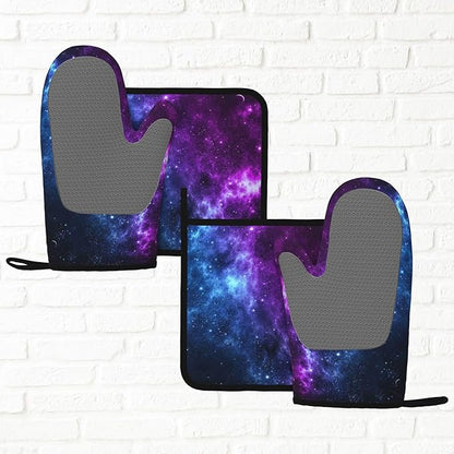 Cool Blue Purple Galaxy Oven Mitts and Pot Holders Sets of 4, Heat Resistant Silicone Oven Mittens and Potholders Gloves Hot Pads for Kitchen Cooking Baking Grilling BBQ Chef - Image 6