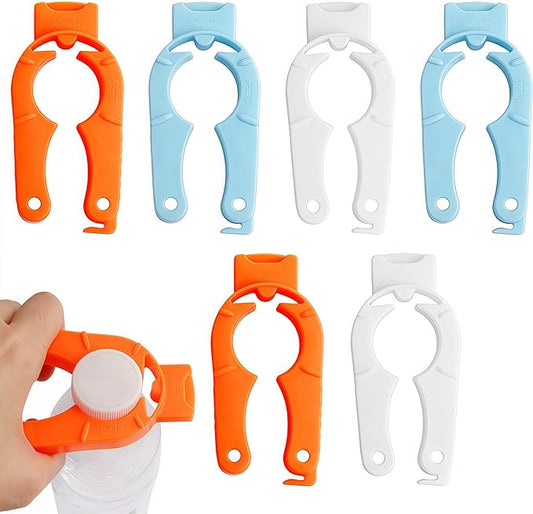 6-Pack Plastic Bottle Cap Opener, 3-in-1 Multi-Purpose Gripper Water Bottle Opener for Arthritic Hands, Easy-Twist Jar Opener Tool for Kitchen, Camping & Outdoor Use (Orange, Blue, White) by Unknown