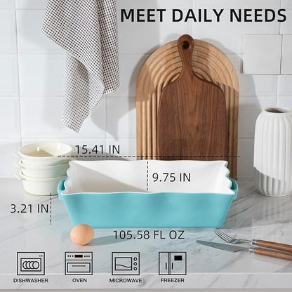 Sweejar Casserole Dishes for Oven, Ceramic 9x13 Baking Dish, Wave Edge Bakeware with Handles, Large Rectangular Lasagna Pan Deep for Roasting, Baking, Cooking, Banquet and Daily Use (Turquoise) - Image 2