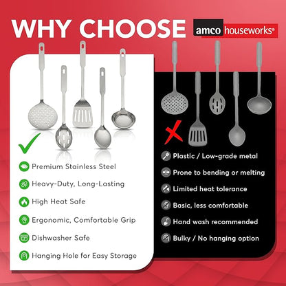 Amco 5 Piece Stainless Steel Cooking Utensil Set - Durable Kitchen Gadgets - Metal Kitchen Accessories - Easy to Clean Kitchen Tools - Image 9