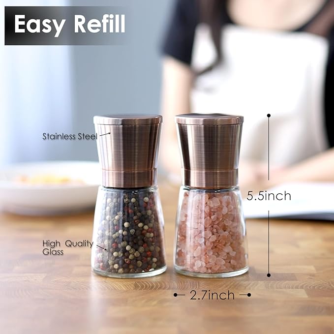Vzaahu Salt and Pepper Copper Grinders, Set of 2 Refillable Bronze Brass, Seasalt Spice Peppermill with Magnetic Lids Adjustable Coarseness, Ceramic Core, Kitchen Gift - Image 4