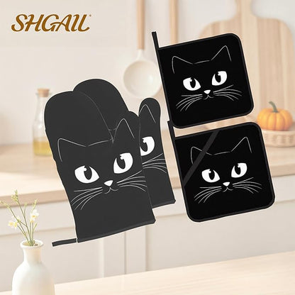 Oven Mitts and Hot Pads Set - Black Cat Design, Heat Resistant Cute Pot Holders for Kitchen, Baking Gifts for Women