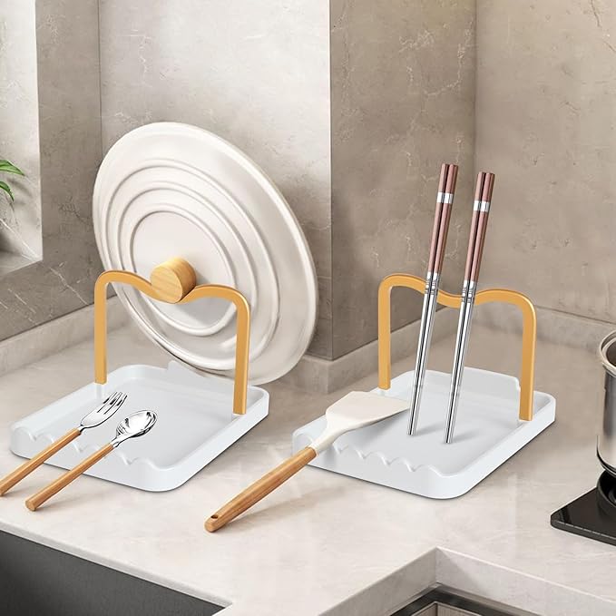 Ysks'hf spoon holder and pot lid holder，stainless steel，Kitchen Utensil Rest, scraper holder & pot holder，Spoon Holder for Stove Top - Kitchen Utensil Holder for Ladles & Tongs (Gold White)