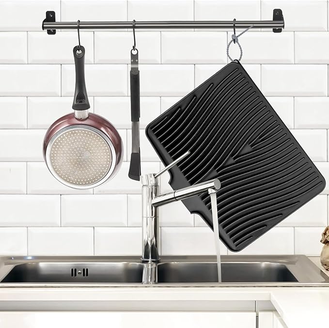 TIKNIK Silicone Dish Drying Mat, Stone Drying Mat for Kitchen Counter with Built-In Drain, Non-Slip Drain Pad with Built-in Drain, Heat Resistant Stone Drying Mat, Hangable, Black-2pcs, 20" x 15" - Image 3