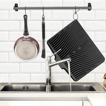 TIKNIK Silicone Dish Drying Mat, Stone Drying Mat for Kitchen Counter with Built-In Drain, Non-Slip Drain Pad with Built-in Drain, Heat Resistant Stone Drying Mat, Hangable, Black-2pcs, 20" x 15" - Image 3