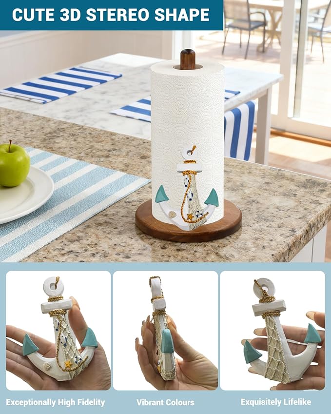 Ship's Anchor Paper Towel Holder, Nautical Coastal Beach Ocean Decor for Kitchen Bathroom Countertop, Freestanding Wooden Stand, Standard & Jumbo Rolls, Gift for Women