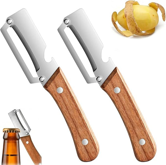 Multi Functional Vegetable Peeler with Bottle Opener and Wooden Handle Stainless Steel Blade Kitchen Tool for Sugar Cane Potato Fruit Pineapple Pumpkin Papaya Carrot Veggie Peeler - 2pc by VEADONS