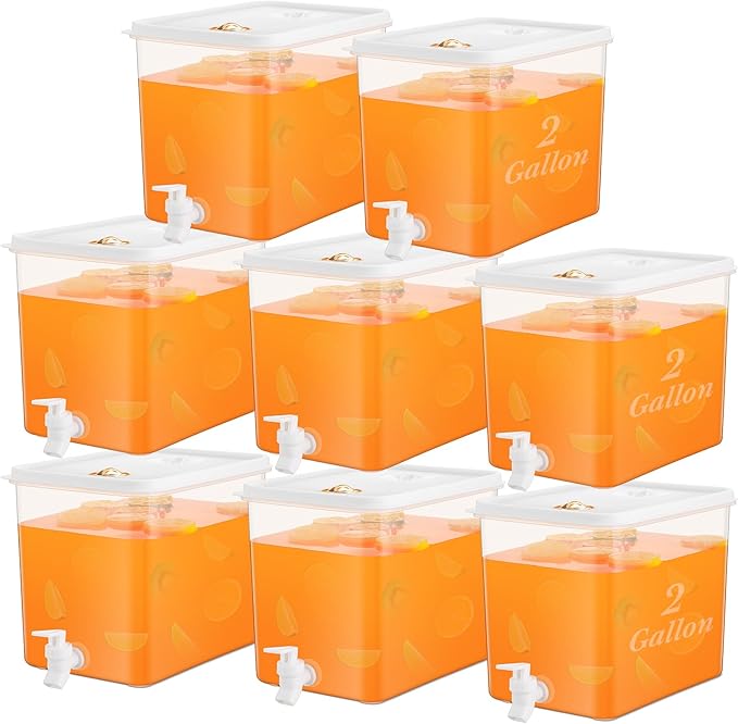 Domensi 8 Pack 2 Gallon Drink Dispenser for Fridge with Spigot Water Dispenser Leak Proof Lids Filter Screen Beverage Juice Container Sealed Plastic Lemonade Milk Cold Hot Drink Tea Jug for Party by Domensi