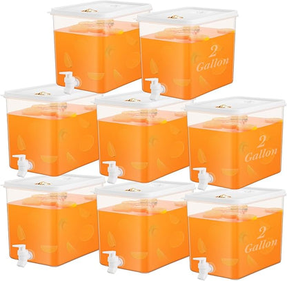 Domensi 8 Pack 2 Gallon Drink Dispenser for Fridge with Spigot Water Dispenser Leak Proof Lids Filter Screen Beverage Juice Container Sealed Plastic Lemonade Milk Cold Hot Drink Tea Jug for Party by Domensi