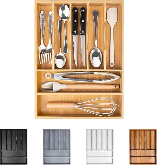 Bellsal Bamboo Silverware Drawer Organizer, Kitchen Utensil Drawer Organizers, 12"x15.7" Utensils Holder Cutlery Tray with Grooved Drawer Dividers for Kitchen Flatware Bedroom Office(7 Slot, Natural) by Bellsal