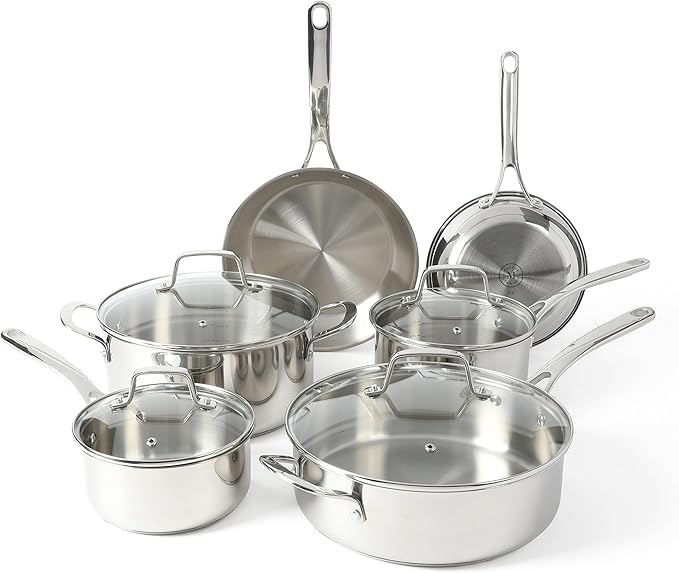 Martha Stewart Castelle 10 Piece 18/8 Durable Stainless Steel Induction Safe Non-Toxic Triply Bottom Kitchen Pots and Pans Cookware Set - Dishwasher Safe by MarthaStewart