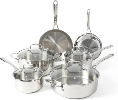 Martha Stewart Castelle 10 Piece 18/8 Durable Stainless Steel Induction Safe Non-Toxic Triply Bottom Kitchen Pots and Pans Cookware Set - Dishwasher Safe by MarthaStewart