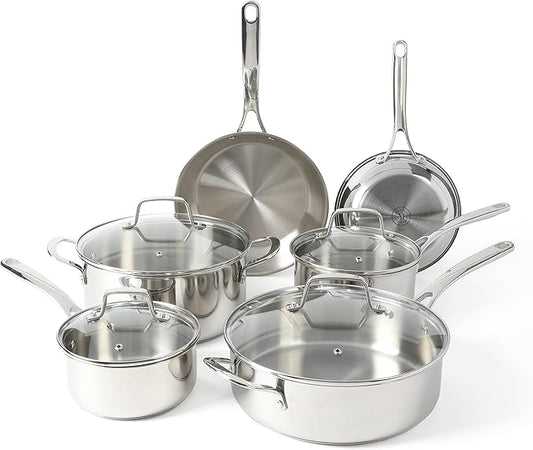 Martha Stewart Castelle 10 Piece 18/8 Durable Stainless Steel Induction Safe Non-Toxic Triply Bottom Kitchen Pots and Pans Cookware Set - Dishwasher Safe by MarthaStewart