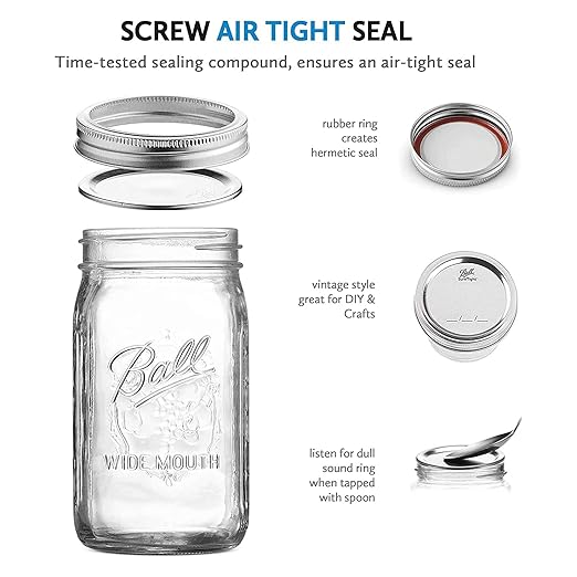 Ball Wide Mouth Glass Mason Jars with Lids and Bands, Used for Canning, Pickling, Juice, Jam, Jelly, Quart Size 32 Ounce (Pack of 6) - Image 6
