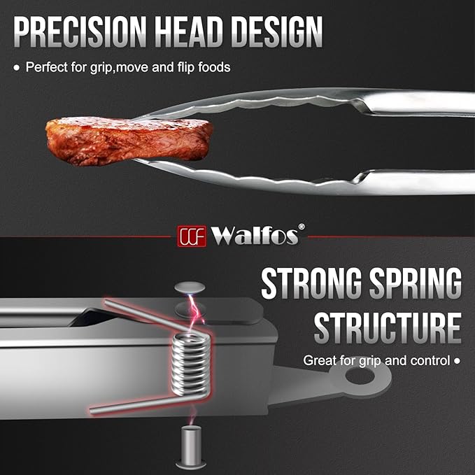 Walfos Kitchen Tongs for Cooking, 600℉ Heat Resistant Stainless Steel Tongs, All Metal Heavy Duty Tongs For Food ,BBQ Grilling - 7 ，9 and 12 Inch ,Set of 3 - Image 3
