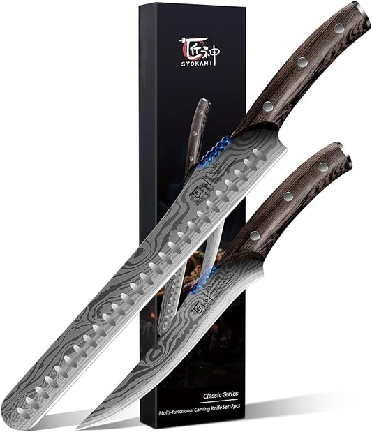 SYOKAMI Brisket Slicing Knife Set, Carving and Boning Knife for Meat & Turkey Cutting, Japanese Style High Carbon Steel Kitchen Knives Set For Home & BBQ, Wood Ergonomic Full Tang Handle, Gift for Mom