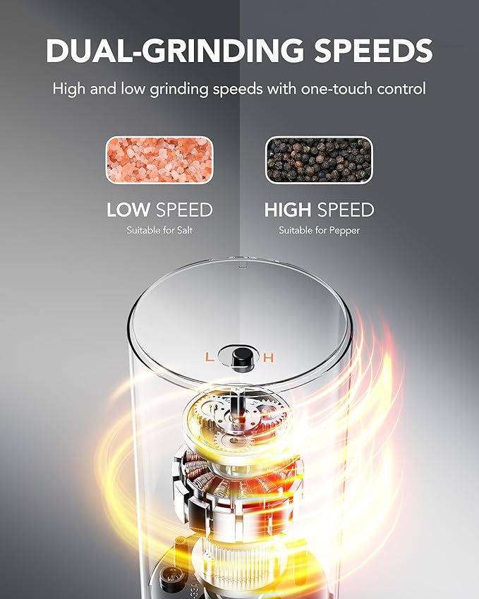 FORLIM 2-Speed ​​Electric Salt And Pepper Grinder Set, External Rotation To Adjust Coarseness, Electric Salt and Pepper Shaker With Charing Base, One-Button Automatic Grinding, Washable Container - Image 2
