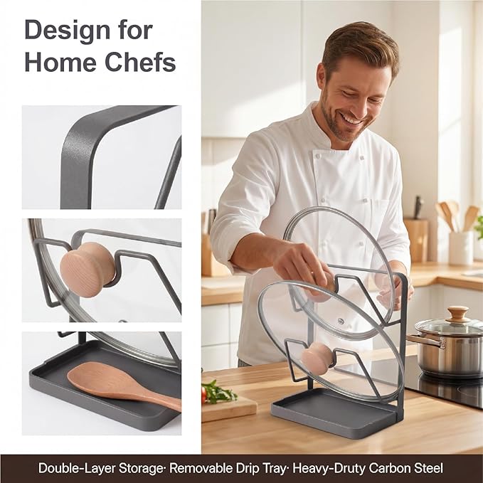 Space-Saving Carbon Steel Pot Lid Holder While Cooking, Double-Layer Kitchen Pot Lid Storage Rack with Removable Drip Tray, Countertop Vertical pan lid organizer for pots and pans(Dark Grey)