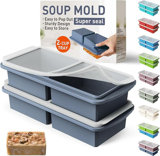 Silicone Freezer Tray with Lid Soup Freezer Container Molds with Steel Reinforced Rim Ice Cube Freezer Molds for Soup, Sauce, Leftovers, Homemade Meal Prep Containers Cooking Accessories