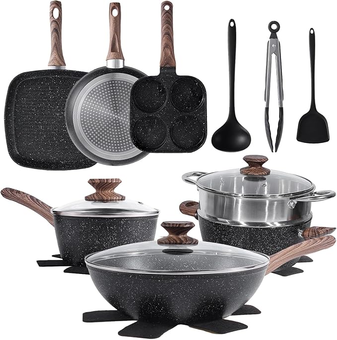 NEWBULIG 17-Piece Nonstick Cookware Set, Non-Toxic Pots and Pans with Stay-Cool Handles, Induction Compatible Cookware, PFAS & PFOA-Free, Black