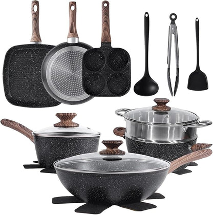 NEWBULIG 17-Piece Nonstick Cookware Set, Non-Toxic Pots and Pans with Stay-Cool Handles, Induction Compatible Cookware, PFAS & PFOA-Free, Black